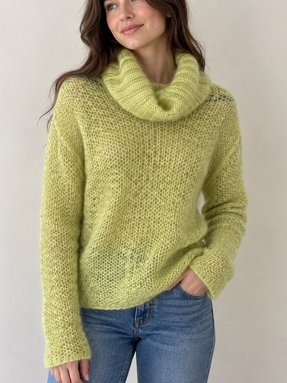 The Limited Mohair Blend Cowl Neck Sweater Lime Green Knit Size S